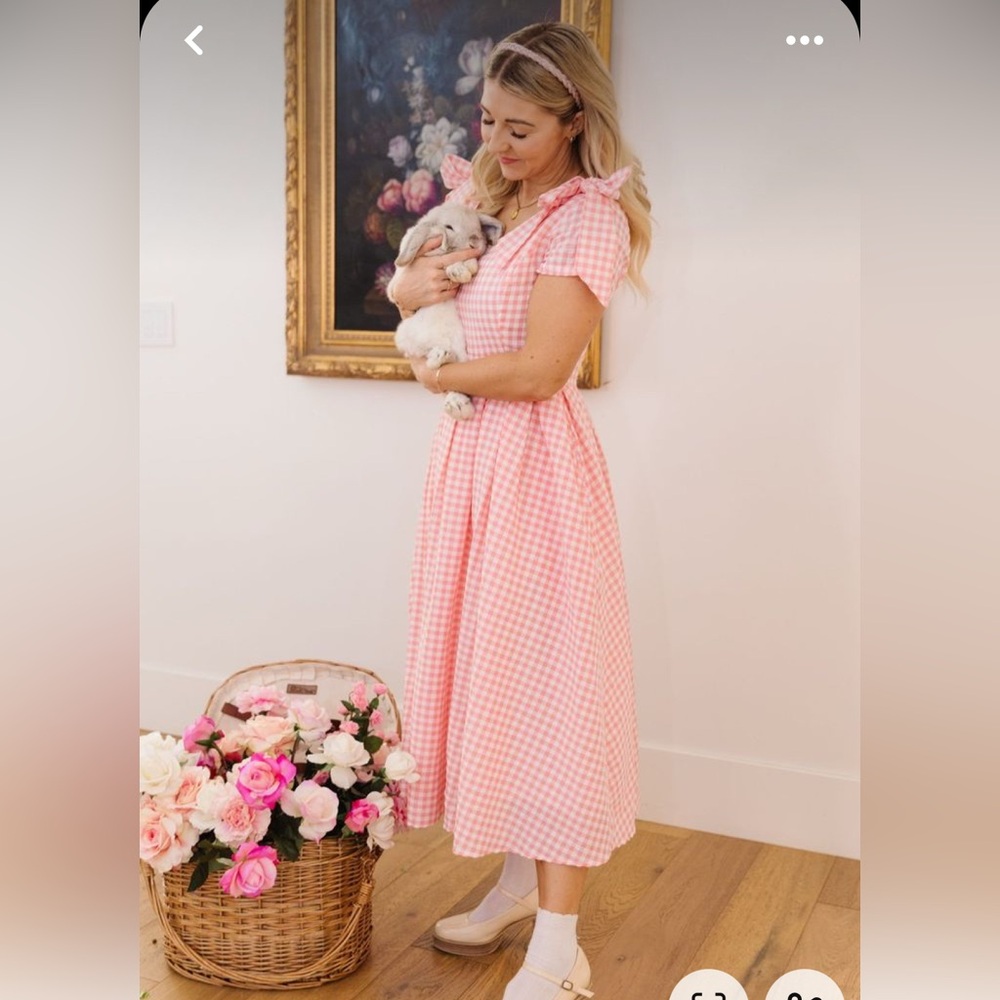Ivy City Co Pink Gingham Briar Midi Dress with Bow Detail